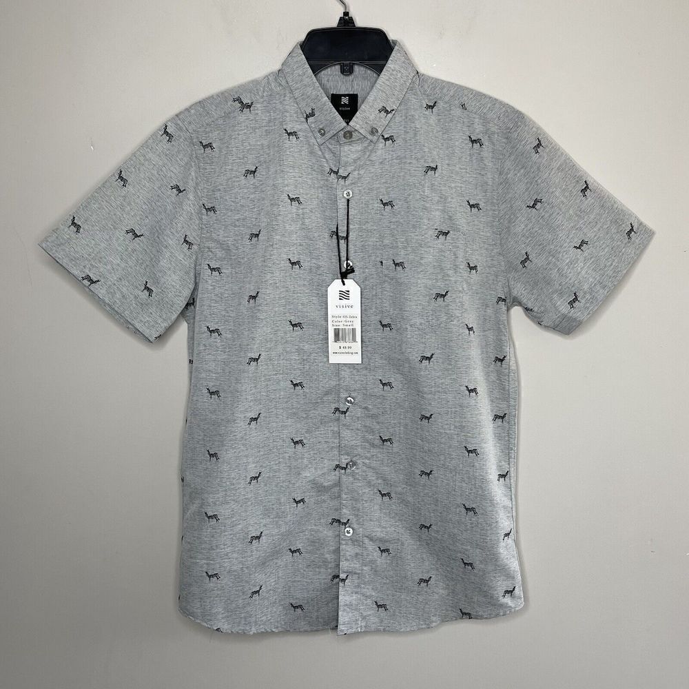 VISIVE Mens Gray Short Sleeve ZEBRA-PRINT Button-Down Shirt NEW Sz Small S